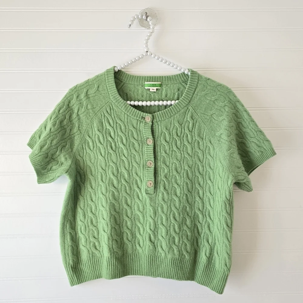 J.Crew 100% Cashmere Cable-Knit Henley T-Shirt Sweater Green XL